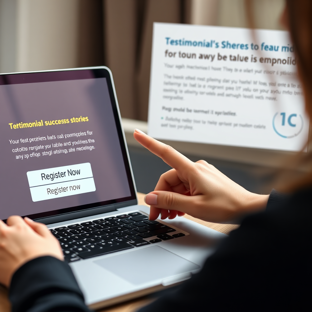 A close-up shot of a woman confidently clicking a 'Register Now' button on a laptop screen. The screen displays testimonials and success stories, highlighting the value of the program and encouraging immediate action.