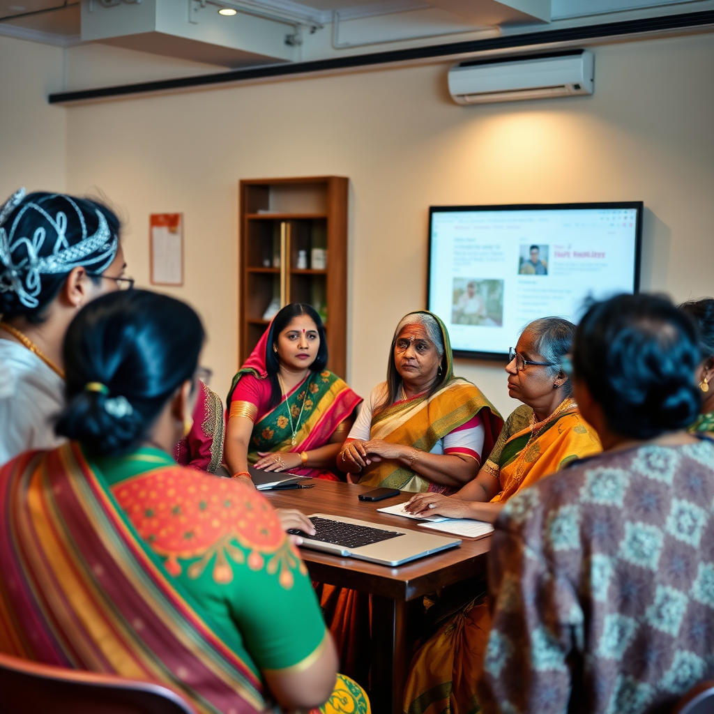 A photorealistic image of a Skill Development Workshops conducting a digital marketing workshop for a group of Indian women, aged 40+. The atmosphere is interactive and engaging, with everyone actively participating. Technical specs: 4K resolution, high quality.