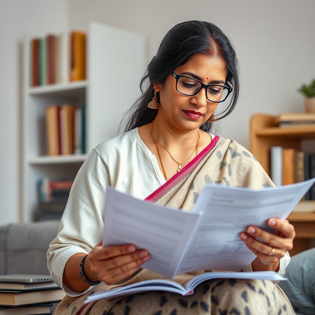 A photorealistic image of an Indian woman, aged 40+, studying financial documents with a focused expression. The setting is a well-lit home office, with books and a laptop in the background. The image should communicate learning and financial awareness. Technical Specs: 4k resolution, high quality.
