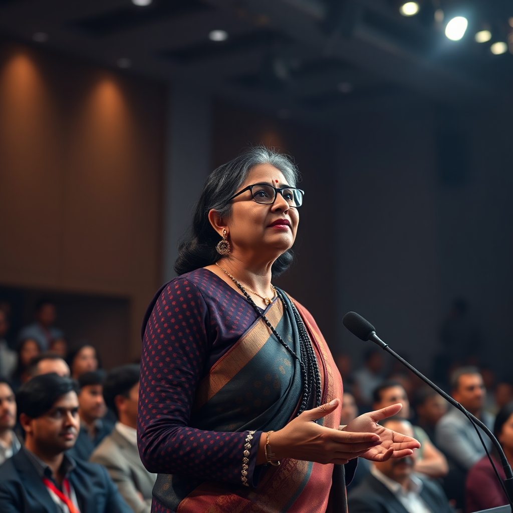 A photorealistic image of an Indian woman, aged 40+, confidently addressing a large audience at a business conference. The image should convey empowerment, leadership, and overcoming obstacles. Technical Specs: 4k resolution, high quality.