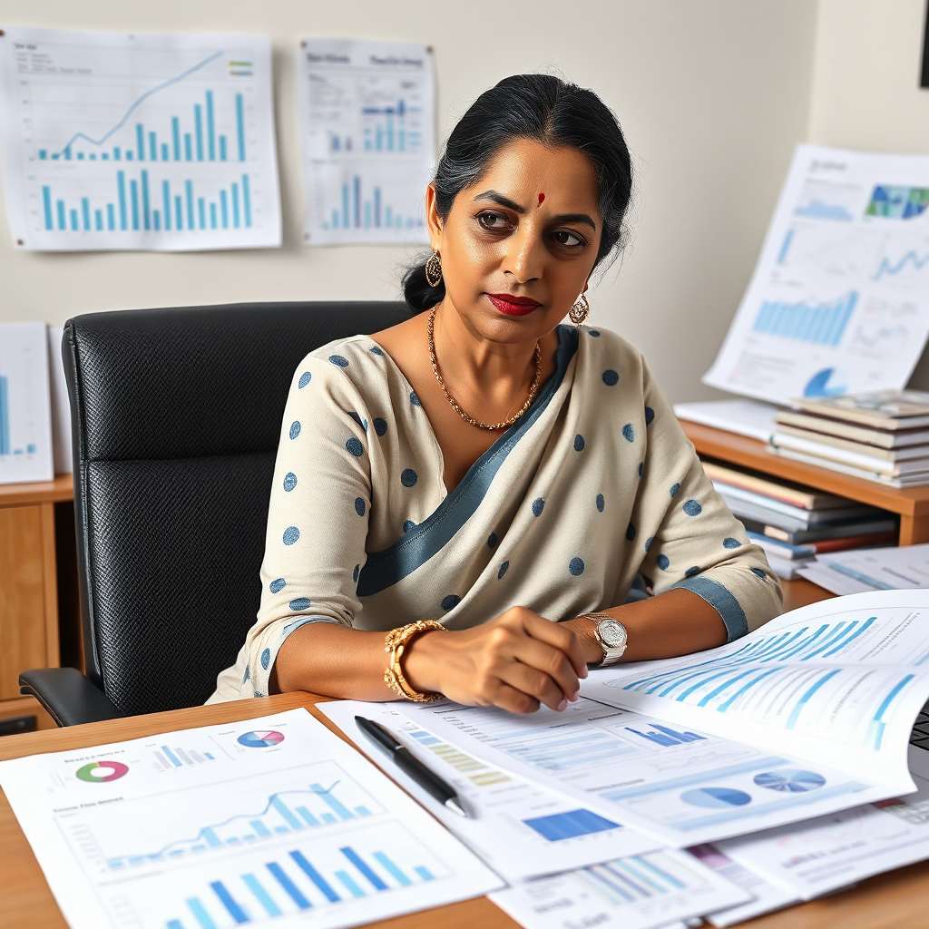 A photorealistic image of an Indian woman, aged 40+, sitting at a desk, reviewing a business plan. She is surrounded by charts, graphs, and financial documents. The image should convey a sense of organization and strategic thinking. Technical Specs: 4k resolution, high quality.