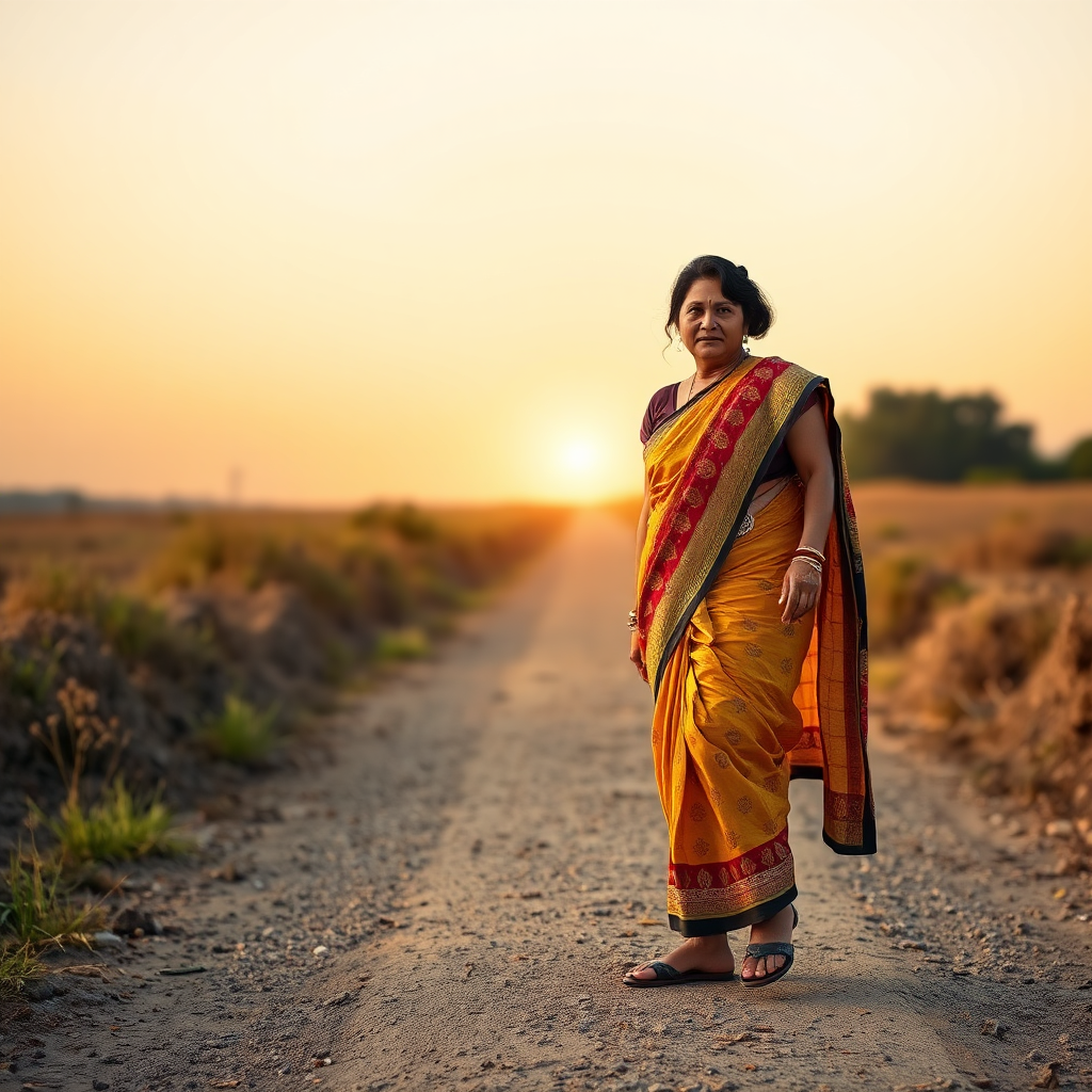 A photorealistic image of an Indian woman, aged 40+, taking a confident step forward. She is standing on a path, with a clear and bright horizon in the distance. The image should convey a sense of hope and forward momentum. Technical Specs: 4k resolution, high quality.
