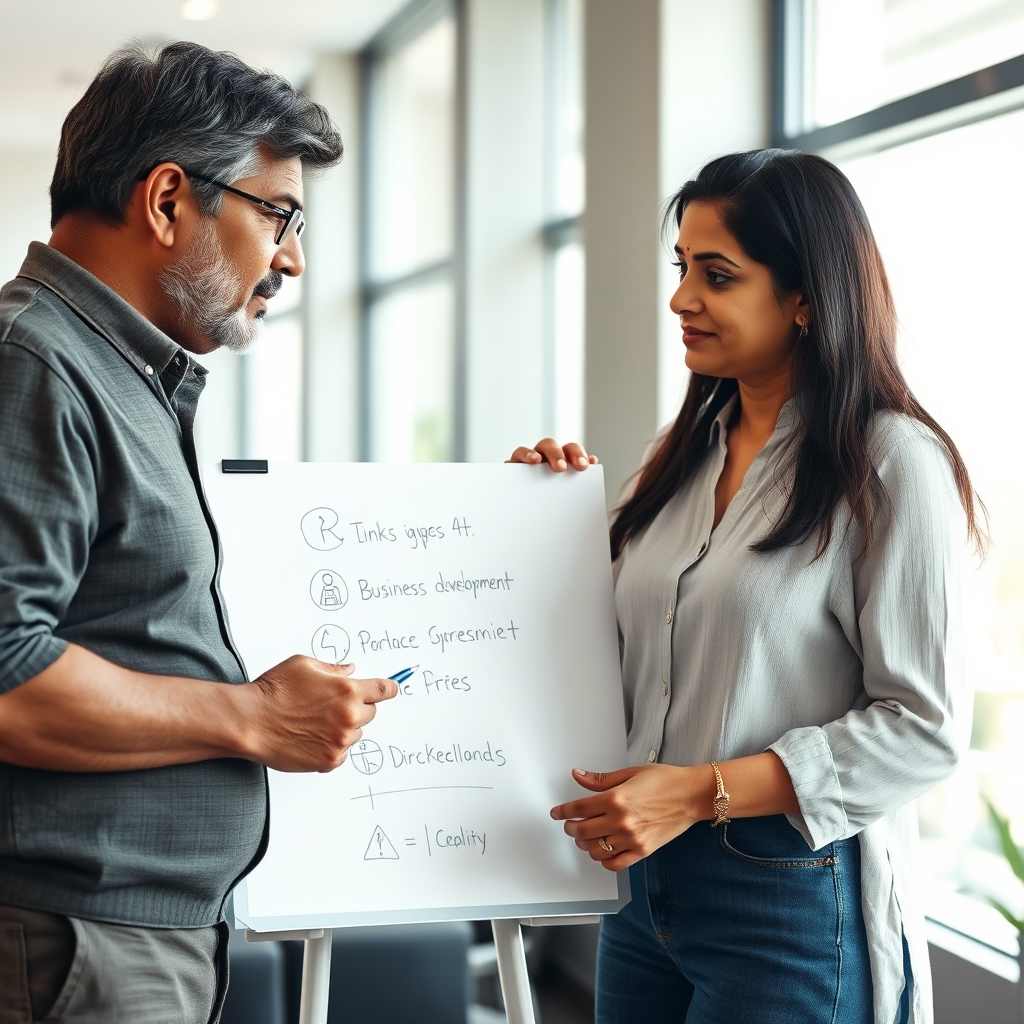 A photorealistic image of N P KISHORE, mentoring an Indian woman, aged 40+, on business development over a whiteboard. They are in a modern office setting, filled with natural light. Technical specs: 4K resolution, high quality.