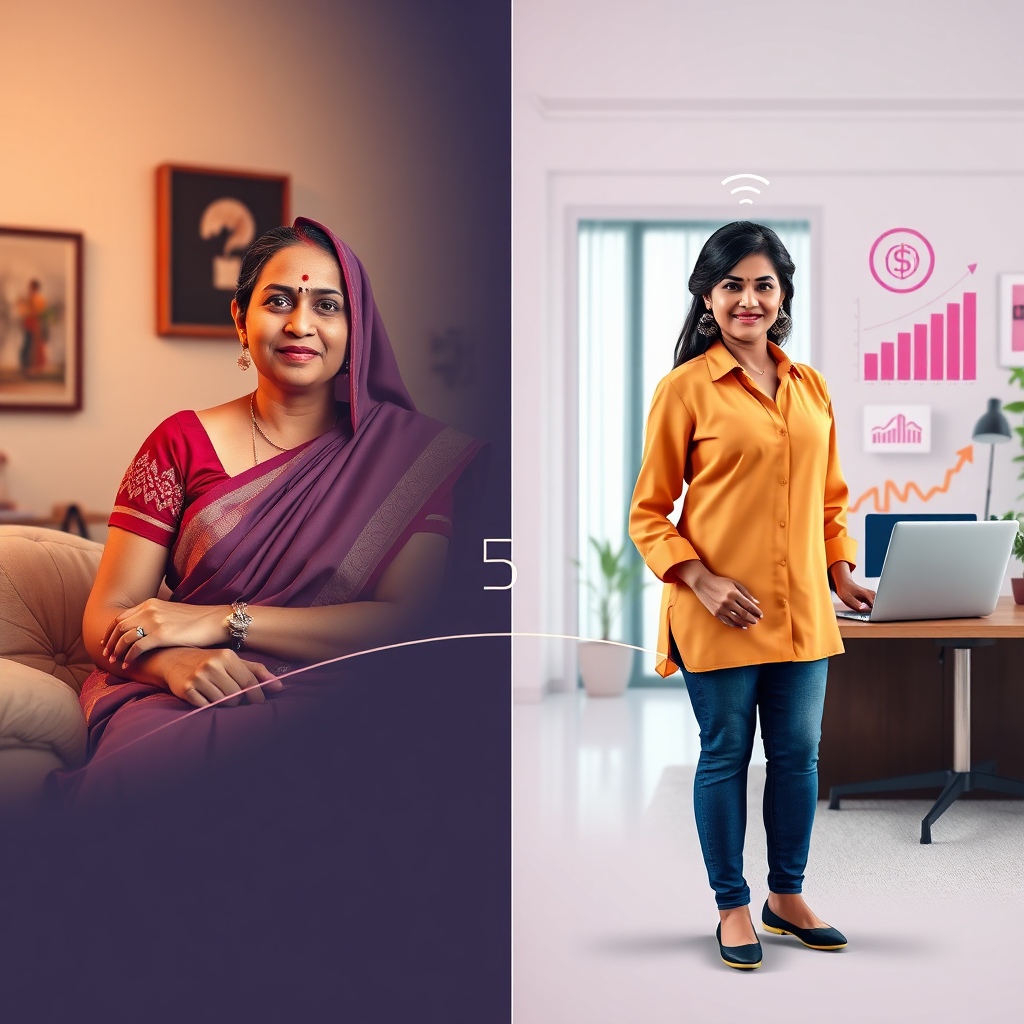 A stylized image illustrating the journey of an Indian woman transforming from a homemaker to a successful entrepreneur. The left side depicts a traditional home setting, with muted colors and soft lighting. On the right side, the same woman is shown in a vibrant, modern office environment, surrounded by symbols of financial success (charts, graphs, laptops). A connecting bridge symbolizes the 5-step process. The color palette transitions from pastel shades on the left to bold, confident colors on the right. The camera angle is a wide shot, emphasizing the transformation. Style reference: Blend of infographic and lifestyle photography. Technical specs: 4K resolution, high quality.
