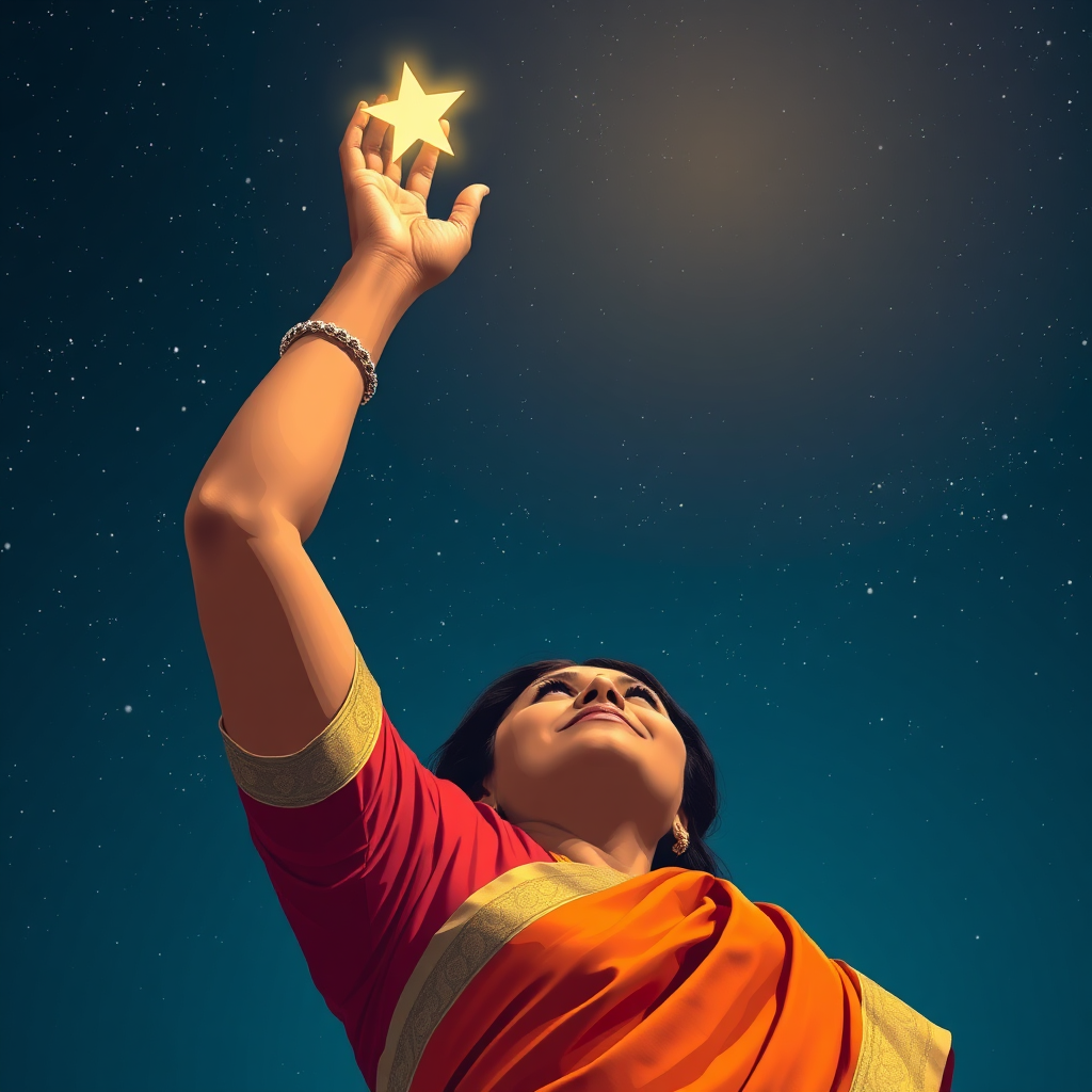 A stylized image of an Indian woman, aged 40+, reaching for a shining star in the night sky. The image should convey ambition, aspiration, and the pursuit of dreams. Technical Specs: 4k resolution, high quality.