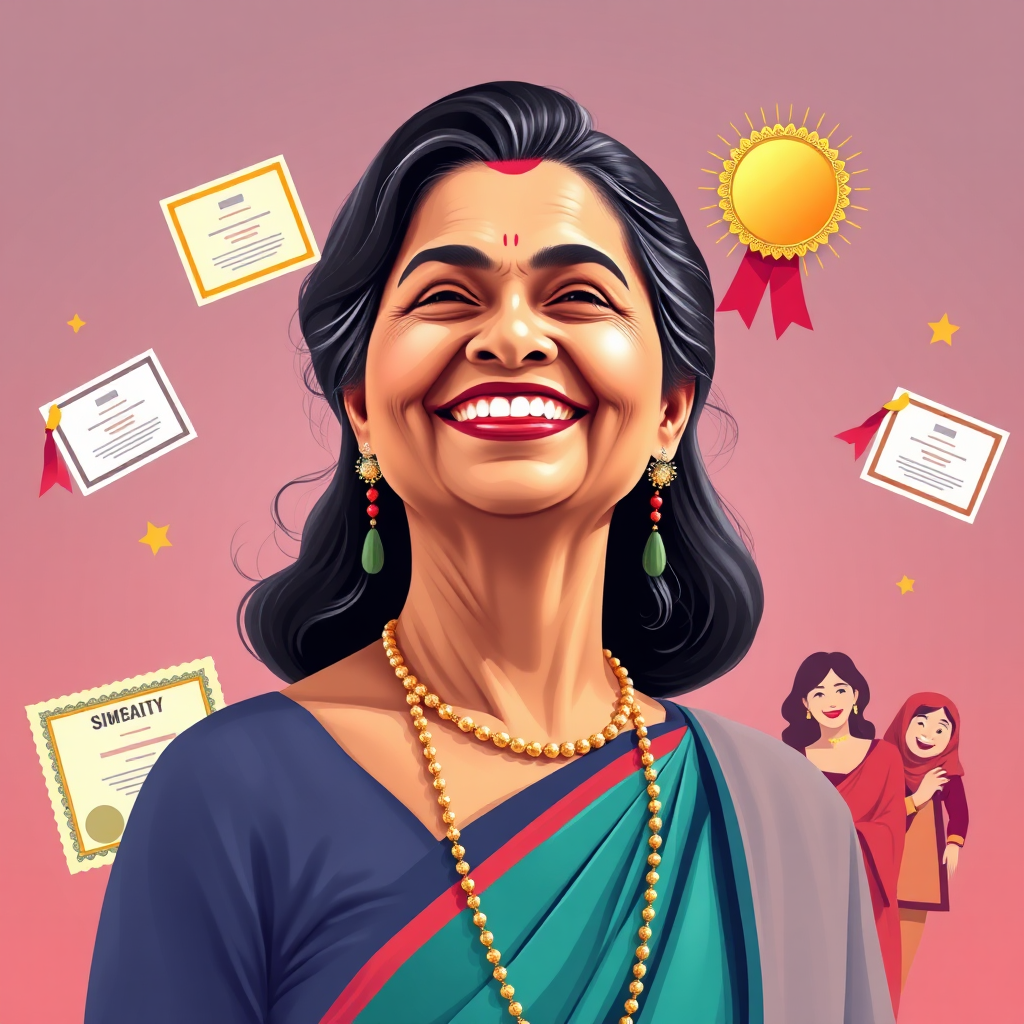 A stylized image portraying an Indian woman, aged 40+, radiating confidence and happiness. She is standing tall, with a warm smile, and surrounded by symbols of her achievements (certificates, awards, happy family). The color palette is vibrant and uplifting, symbolizing her journey. Technical Specs: 4k resolution, high quality.