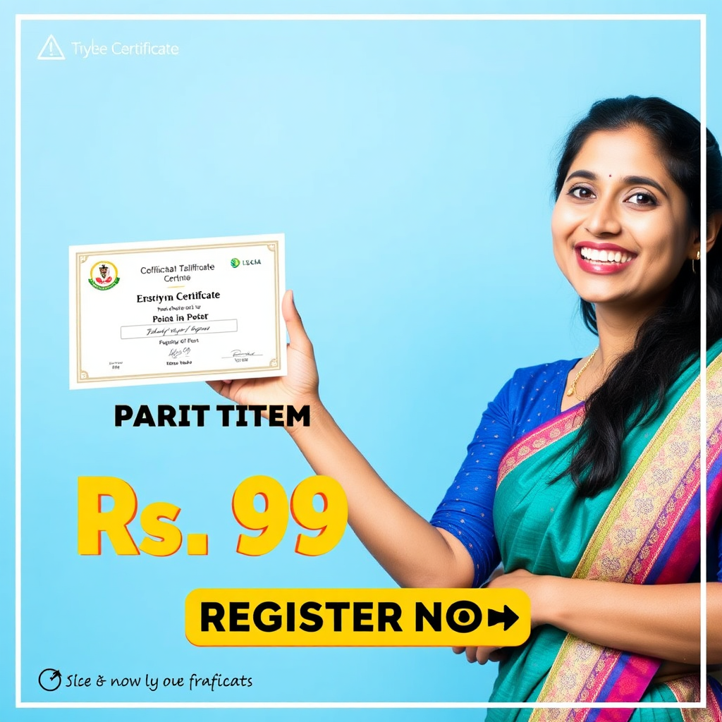 A vibrant and attention-grabbing digital graphic featuring an Indian woman happily holding a certificate. The graphic includes bold text highlighting the limited-time offer of Rs. 99 and a clear call to action button to register now.