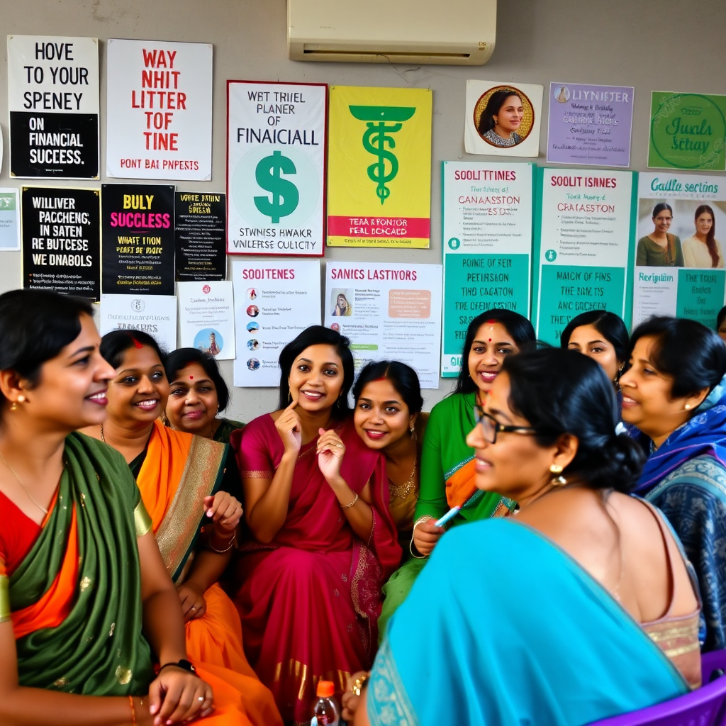 An image of a diverse group of Indian women enthusiastically participating in a workshop. The background includes motivational posters and symbols of financial success, creating a sense of community and empowerment.